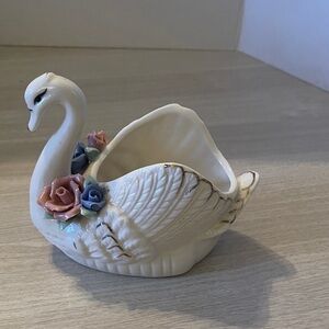 Vintage Ceramic Swan Planter with Floral Accents 5x5x3